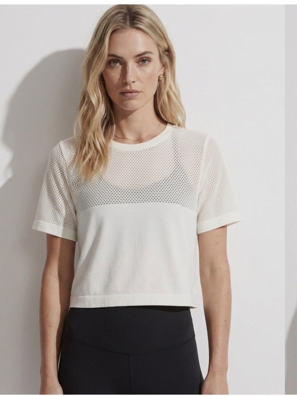 Varley Ivory Mesh-Panel Short Sleeve Tee
